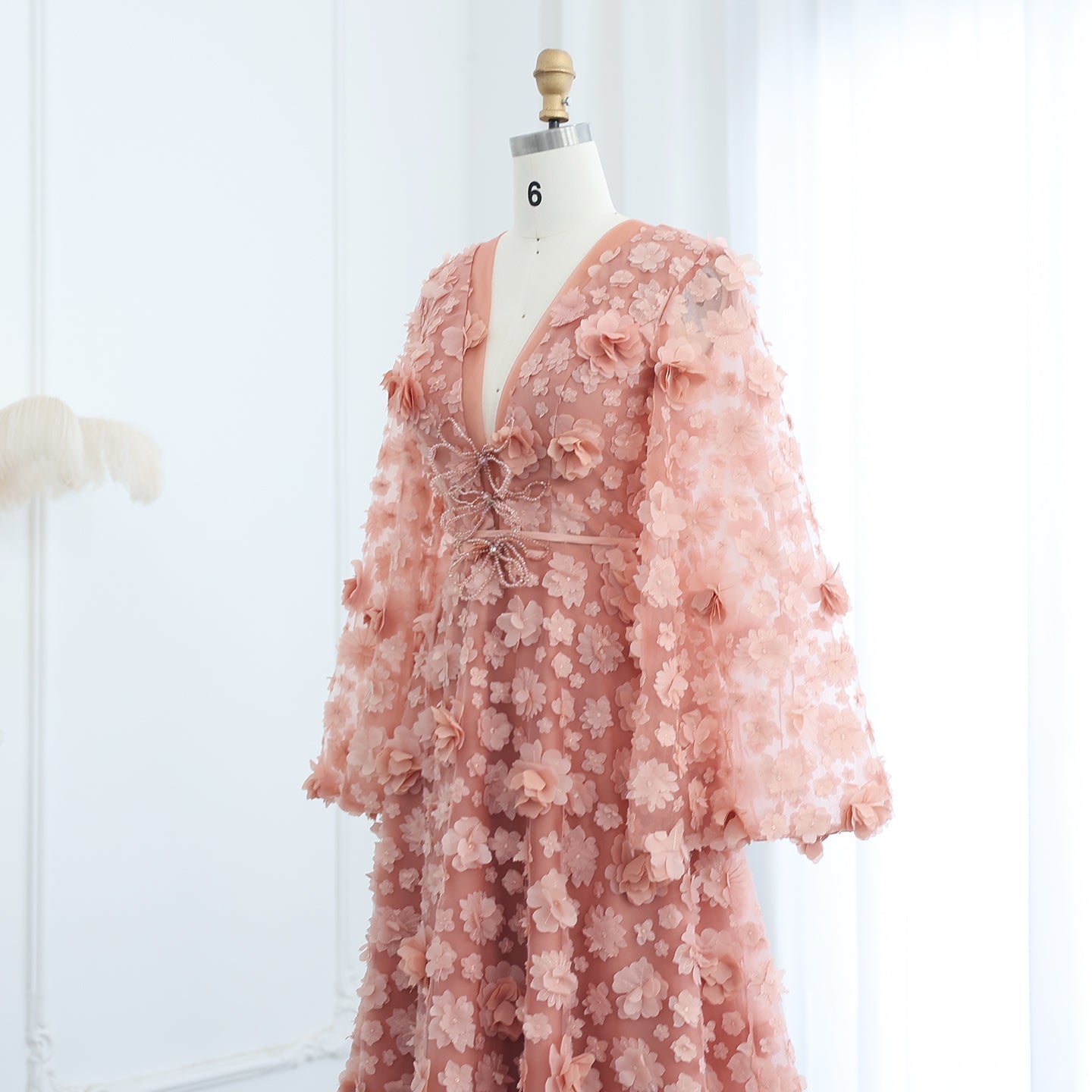Elegant Peach-Pink V-Neck Evening Dress with 3D Flowers SS295
