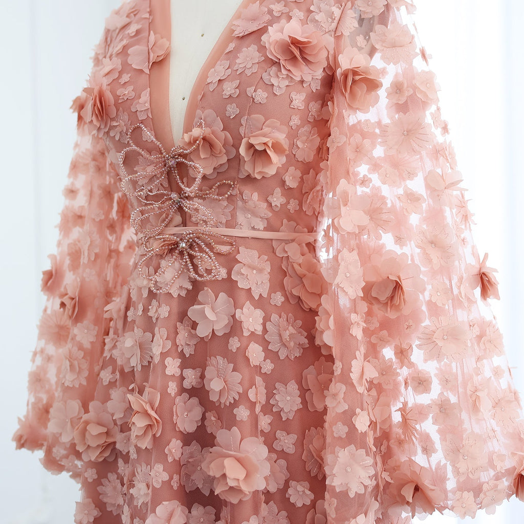 Elegant Peach-Pink V-Neck Evening Dress with 3D Flowers SS295