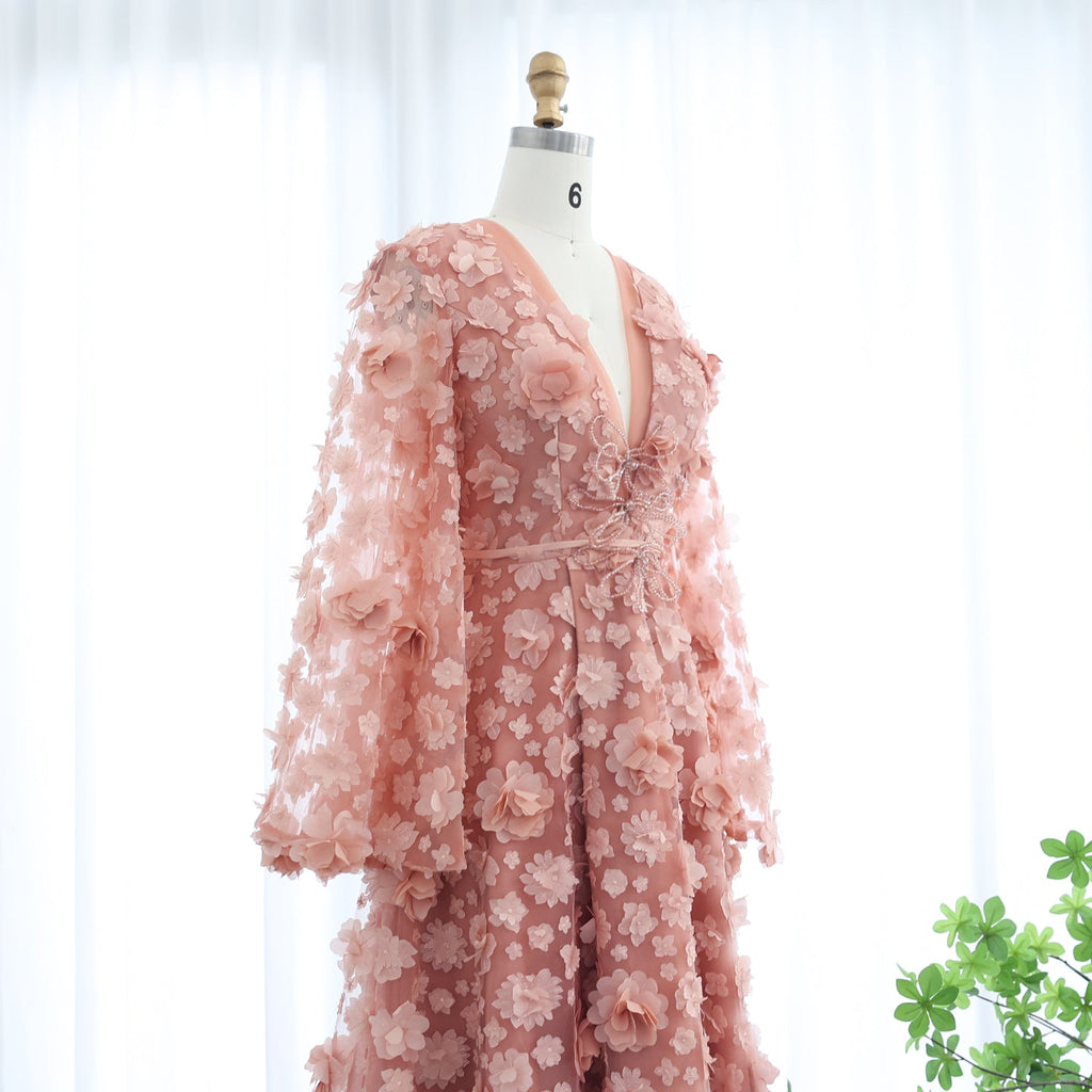 Elegant Peach-Pink V-Neck Evening Dress with 3D Flowers SS295