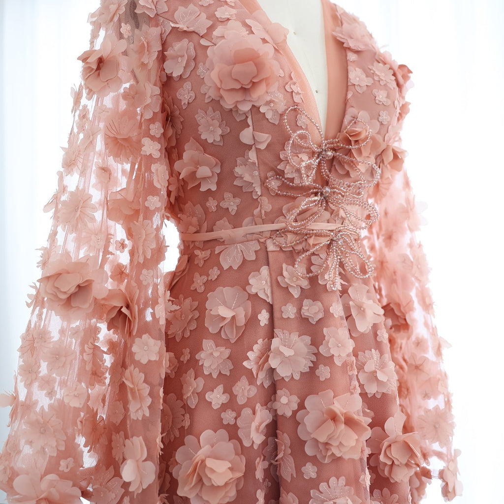 Elegant Peach-Pink V-Neck Evening Dress with 3D Flowers SS295