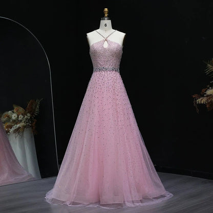 Luxury Dusty Pink Beaded Halter Neck A-Line Evening Dress SS580