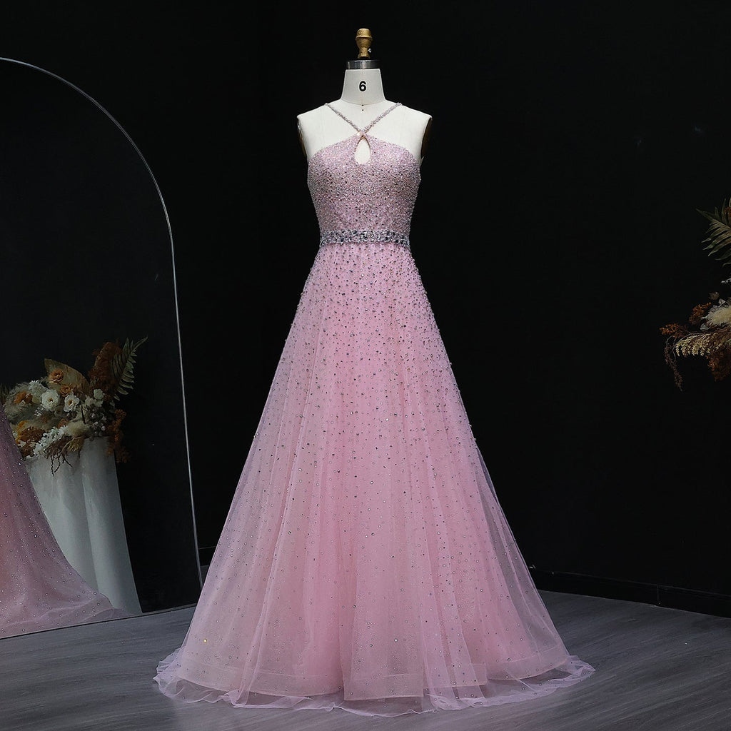 Sparkly Crystal Pink Criss-Cross Pink Evening Dress SS580