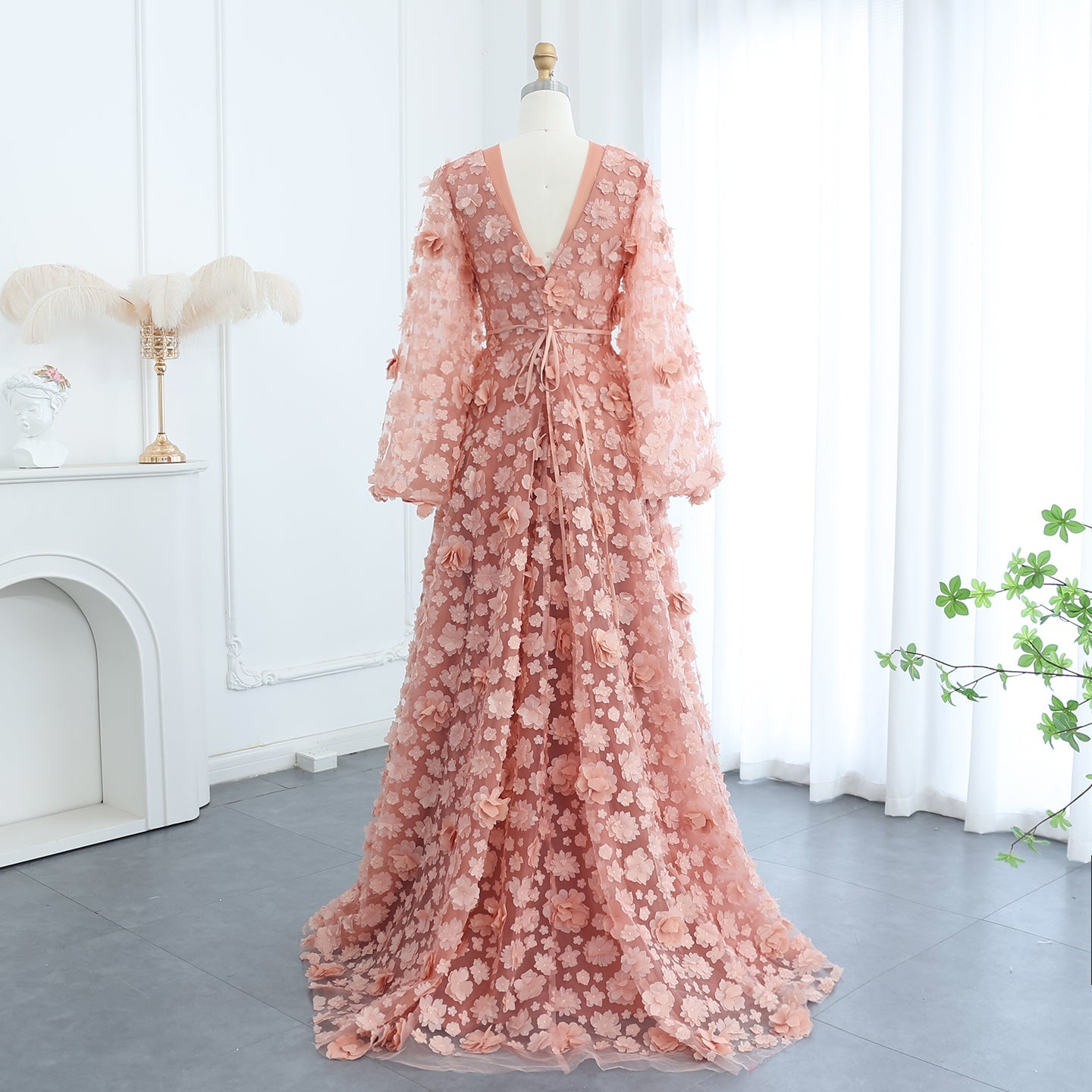 Elegant Peach-Pink V-Neck Evening Dress with 3D Flowers SS295