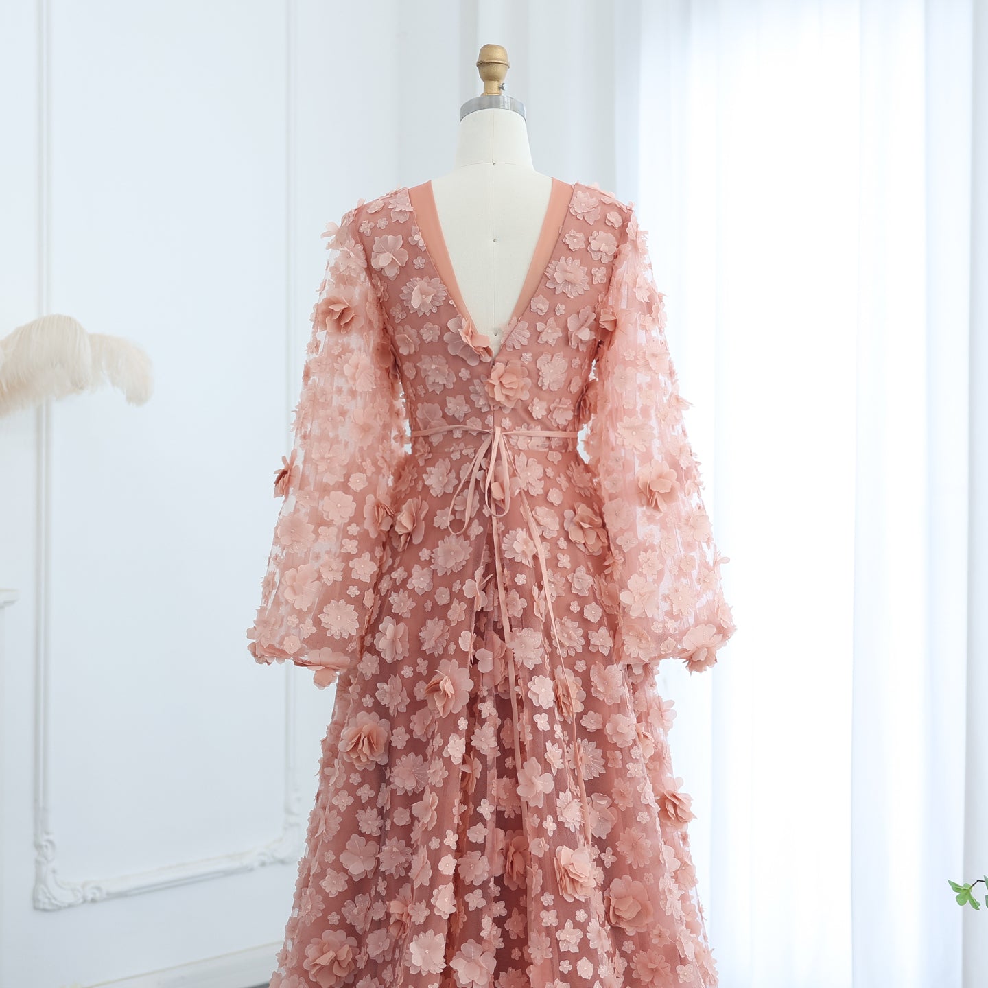 Elegant Peach-Pink V-Neck Evening Dress with 3D Flowers SS295