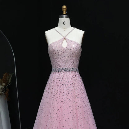 Luxury Dusty Pink Beaded Halter Neck A-Line Evening Dress SS580