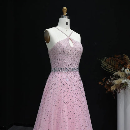 Luxury Dusty Pink Beaded Halter Neck A-Line Evening Dress SS580