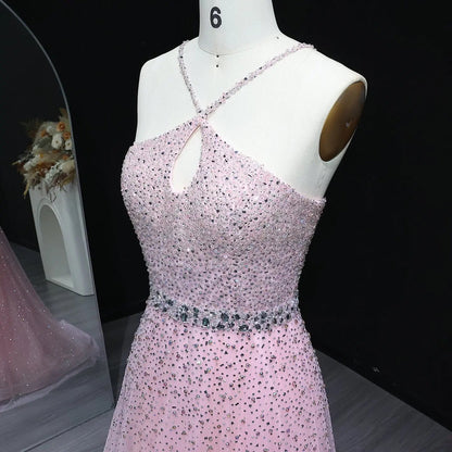 Luxury Dusty Pink Beaded Halter Neck A-Line Evening Dress SS580