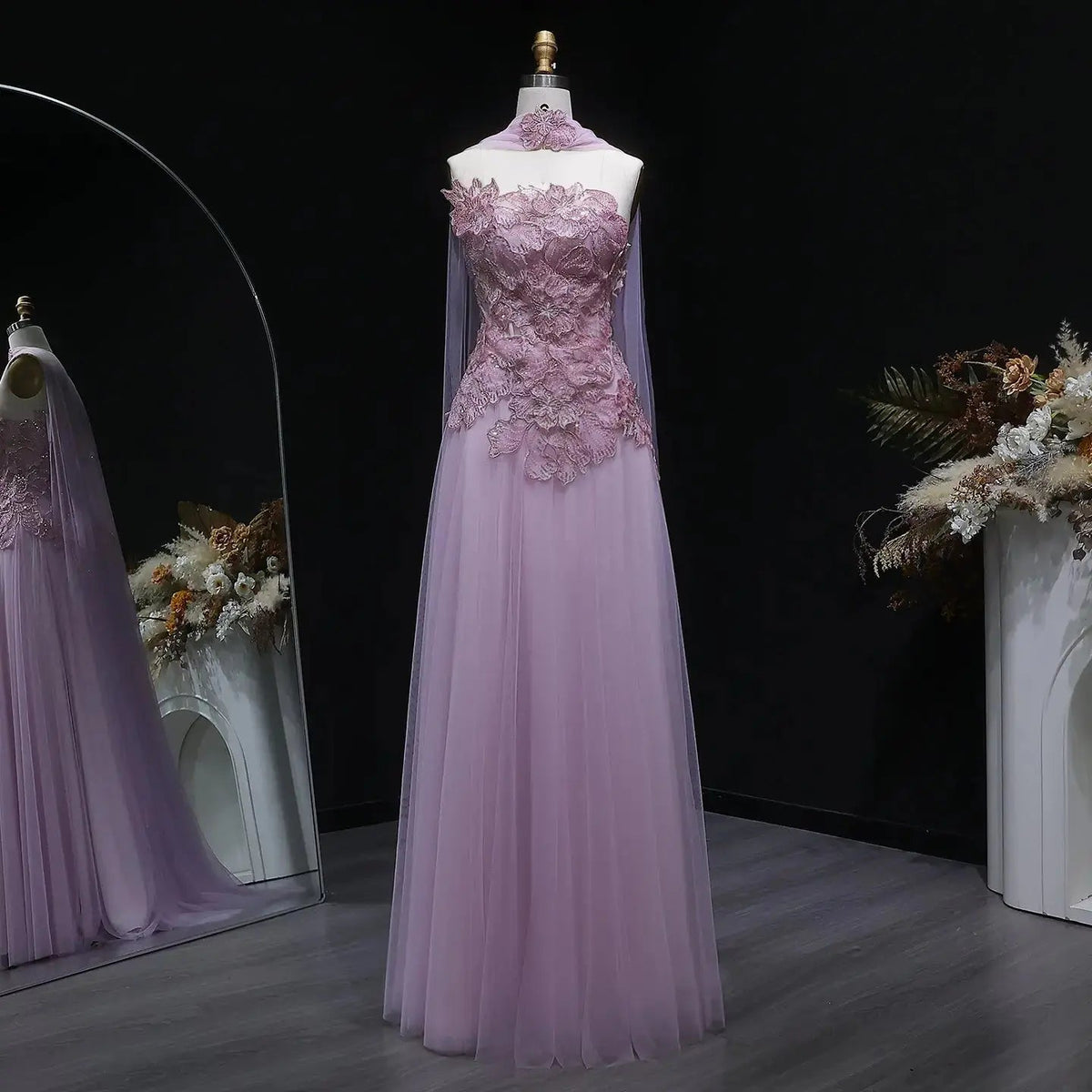 Luxury Pink 3D Floral Strapless Tulle Cape Evening Dress with Scarf SS239