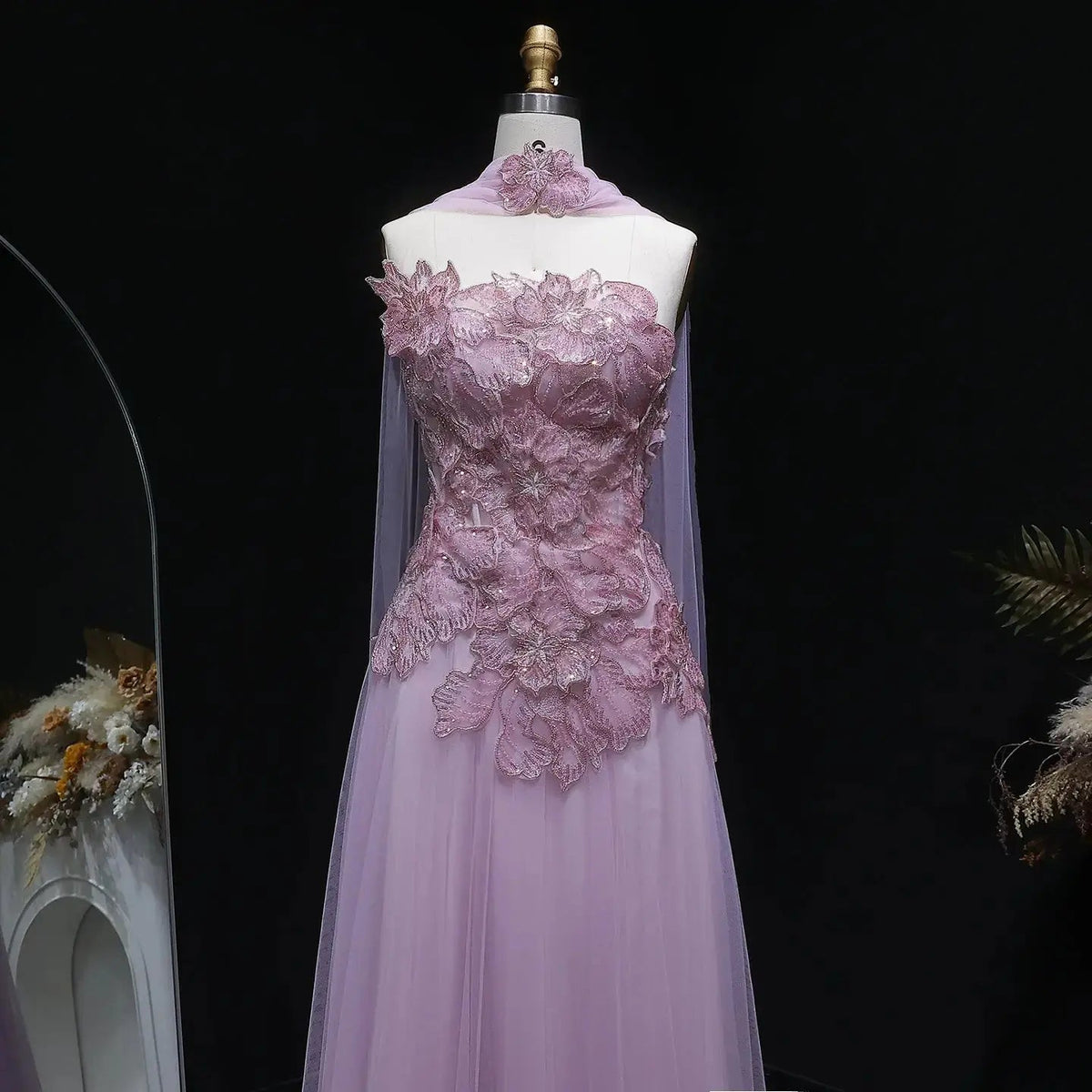 Luxury Pink 3D Floral Strapless Tulle Cape Evening Dress with Scarf SS239