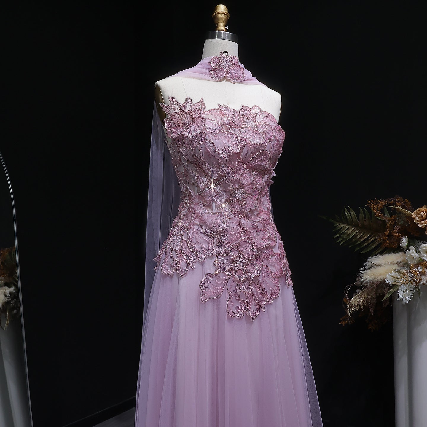 Glamorous Pink 3D Floral Strapless Tulle Evening Dress with Cape and Scarf SS239