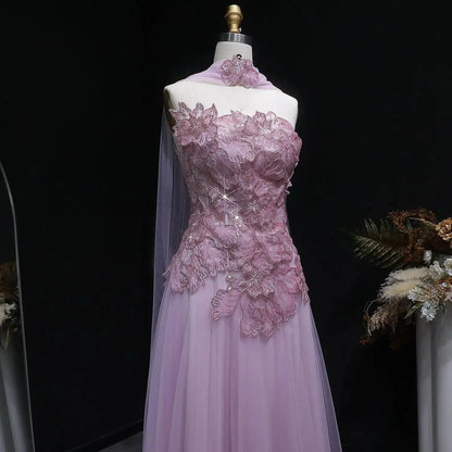 Luxury Pink 3D Floral Strapless Tulle Cape Evening Dress with Scarf SS239