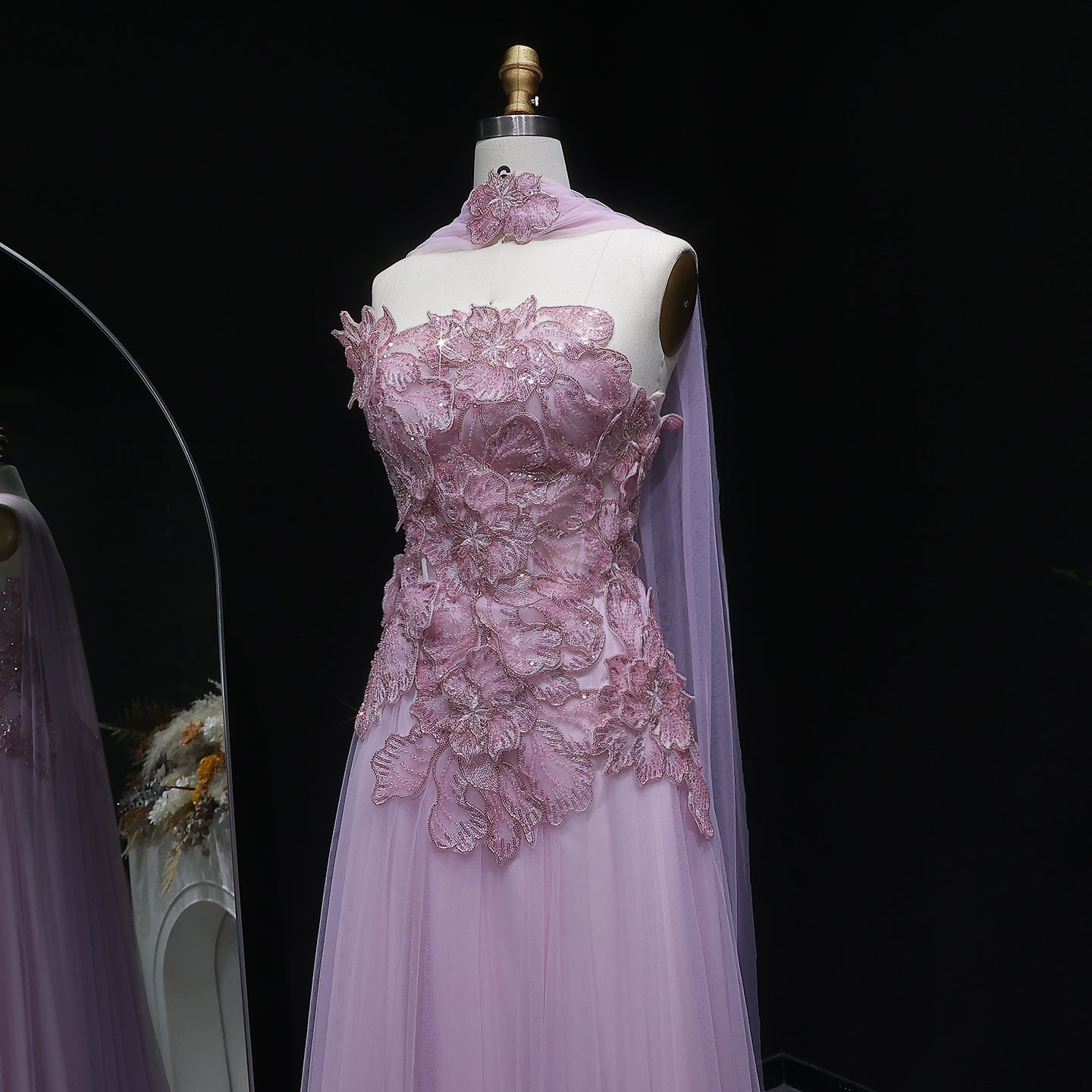 Glamorous Pink 3D Floral Strapless Tulle Evening Dress with Cape and Scarf SS239