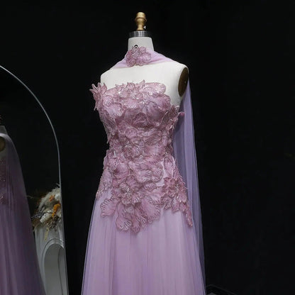 Luxury Pink 3D Floral Strapless Tulle Cape Evening Dress with Scarf SS239