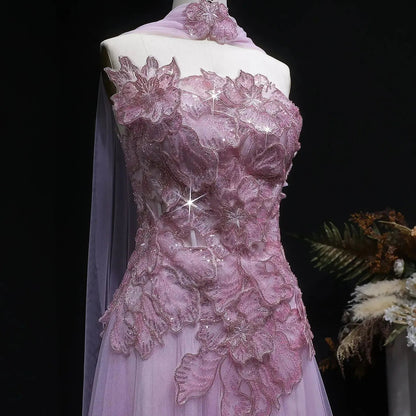 Luxury Pink 3D Floral Strapless Tulle Cape Evening Dress with Scarf SS239