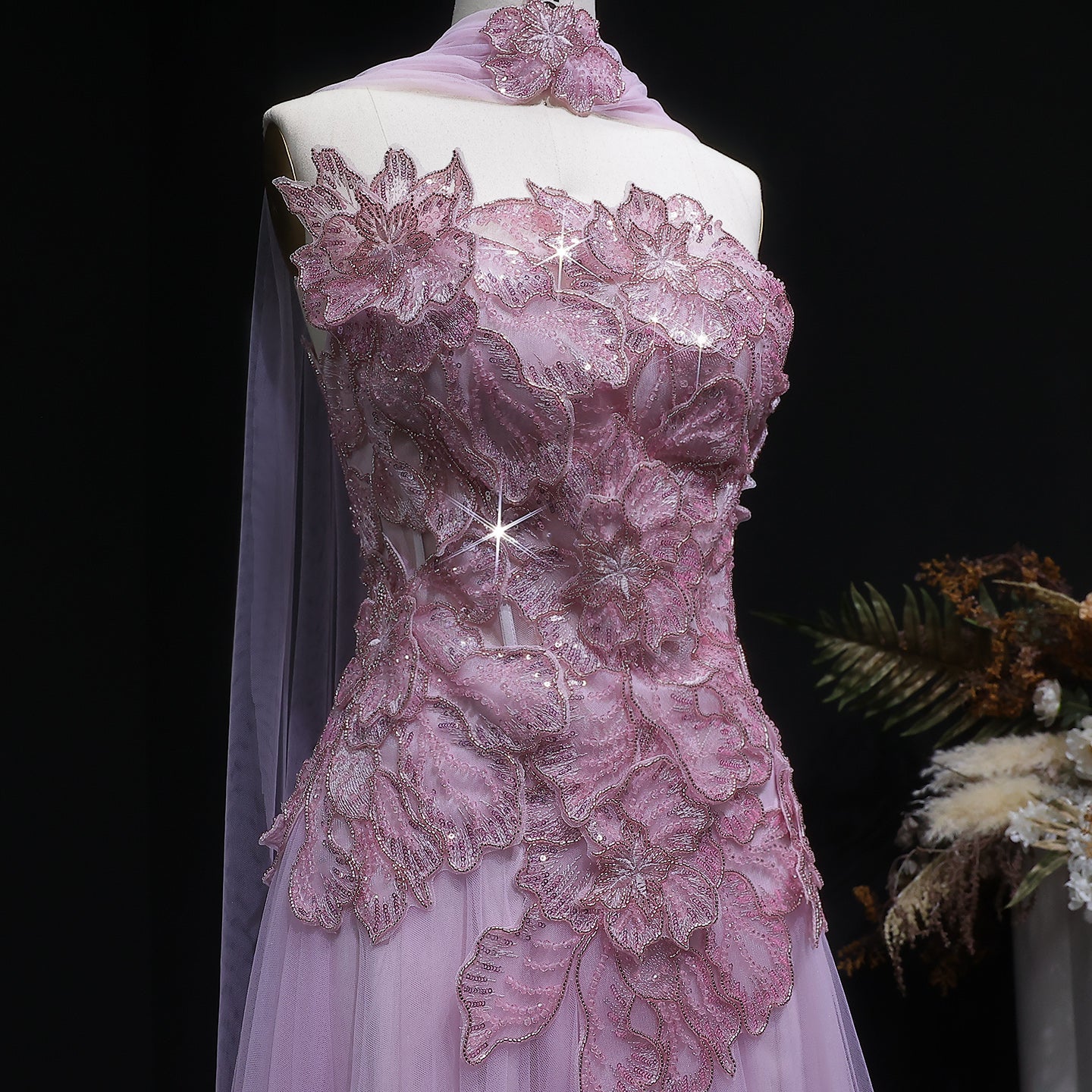 Glamorous Pink 3D Floral Strapless Tulle Evening Dress with Cape and Scarf SS239