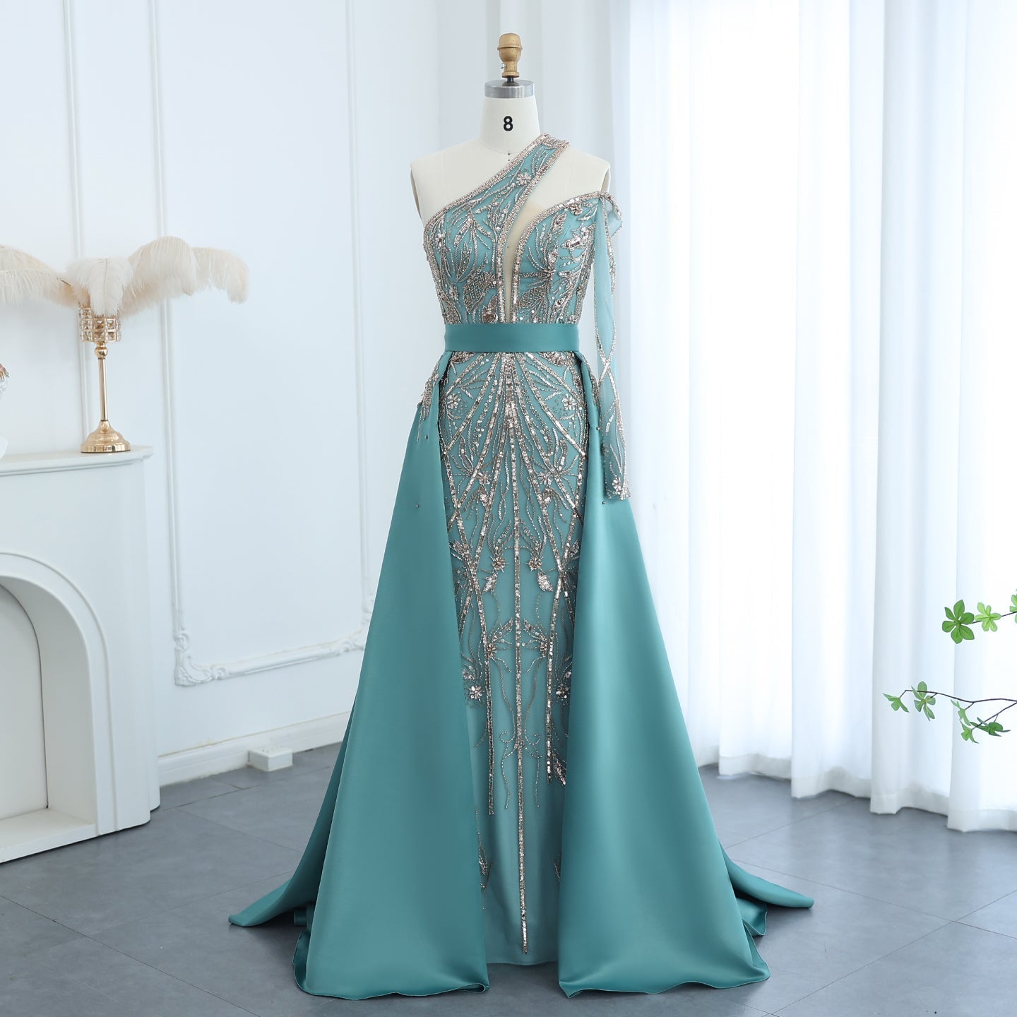 Luxury Beaded Turquoise One Shoulder Evening Dress with Overskirt SS307