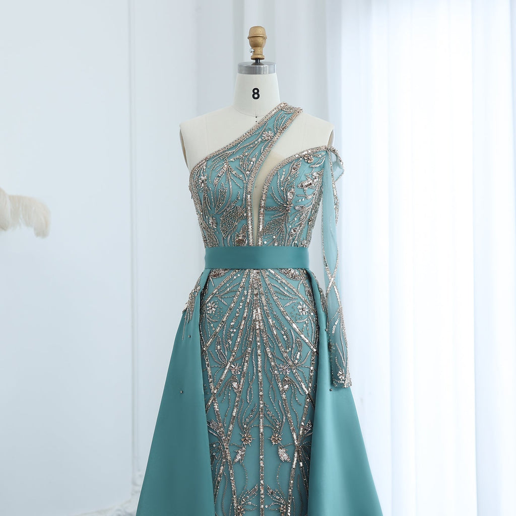 Luxury Beaded Turquoise One Shoulder Evening Dress with Overskirt SS307