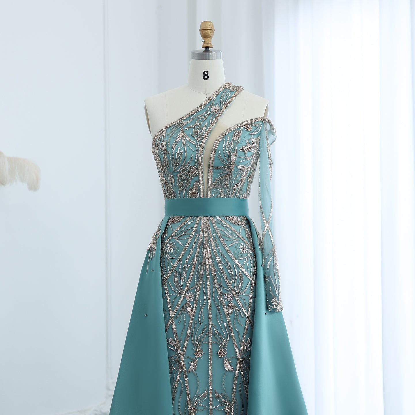Luxury Beaded Turquoise One Shoulder Evening Dress with Overskirt SS307