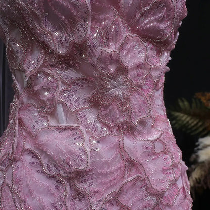 Luxury Pink 3D Floral Strapless Tulle Cape Evening Dress with Scarf SS239