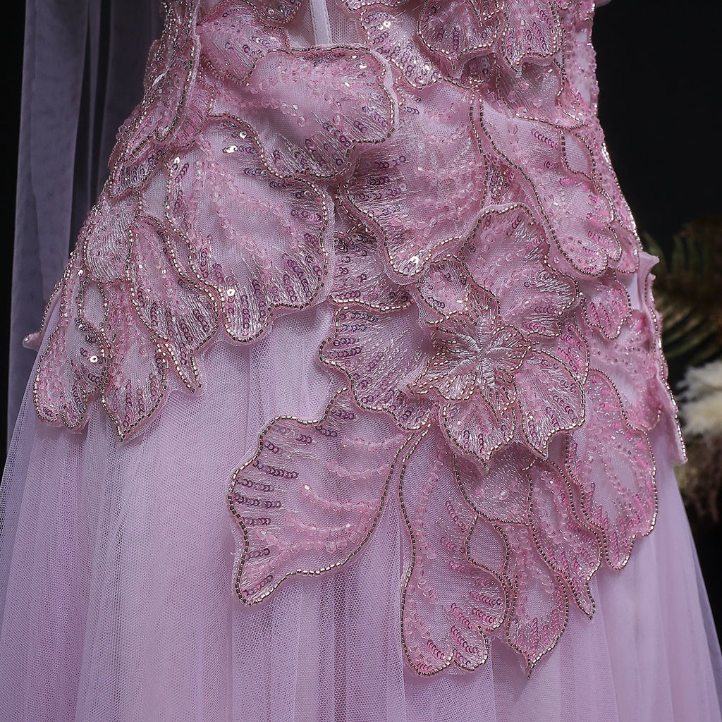 Glamorous Pink 3D Floral Strapless Tulle Evening Dress with Cape and Scarf SS239