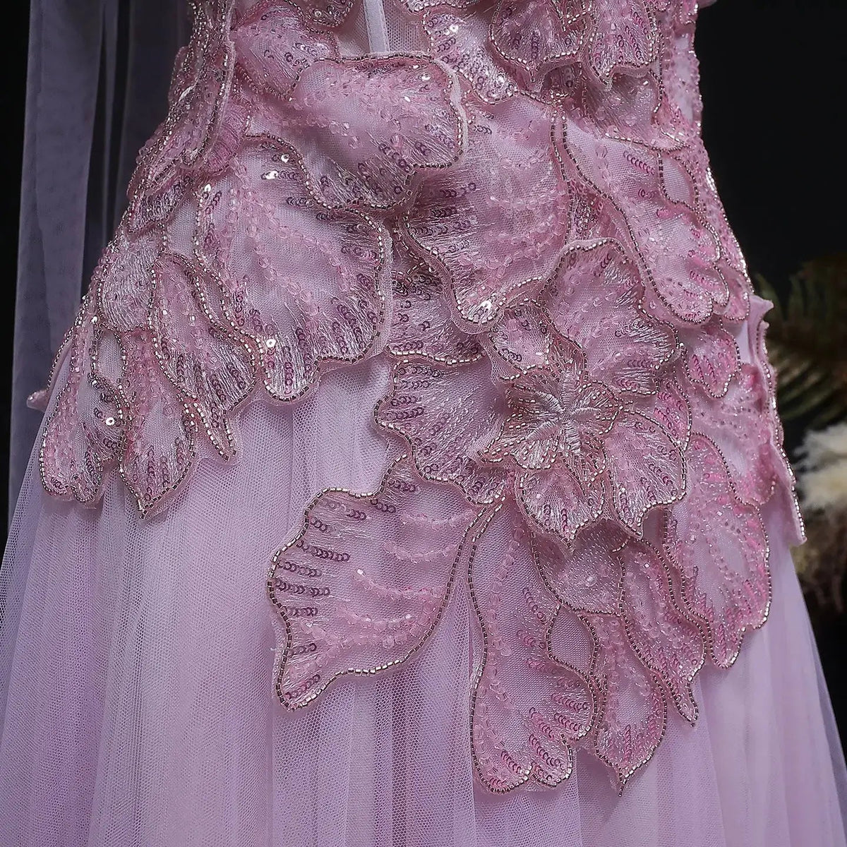 Luxury Pink 3D Floral Strapless Tulle Cape Evening Dress with Scarf SS239