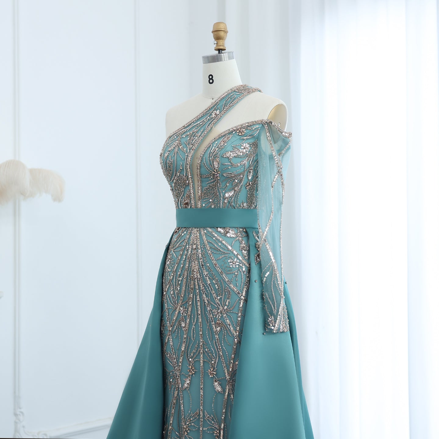 Luxury Beaded Turquoise One Shoulder Evening Dress with Overskirt SS307