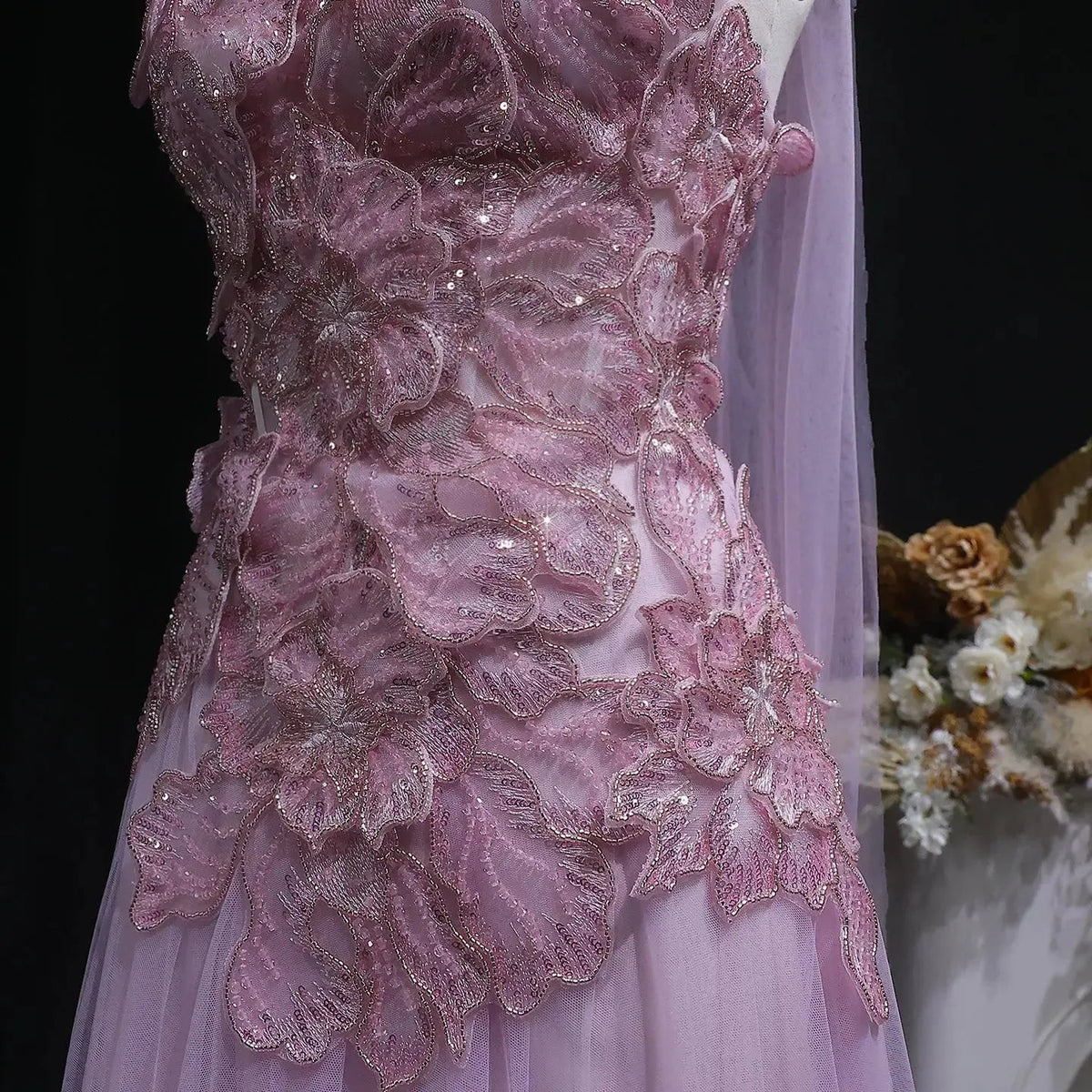 Luxury Pink 3D Floral Strapless Tulle Cape Evening Dress with Scarf SS239
