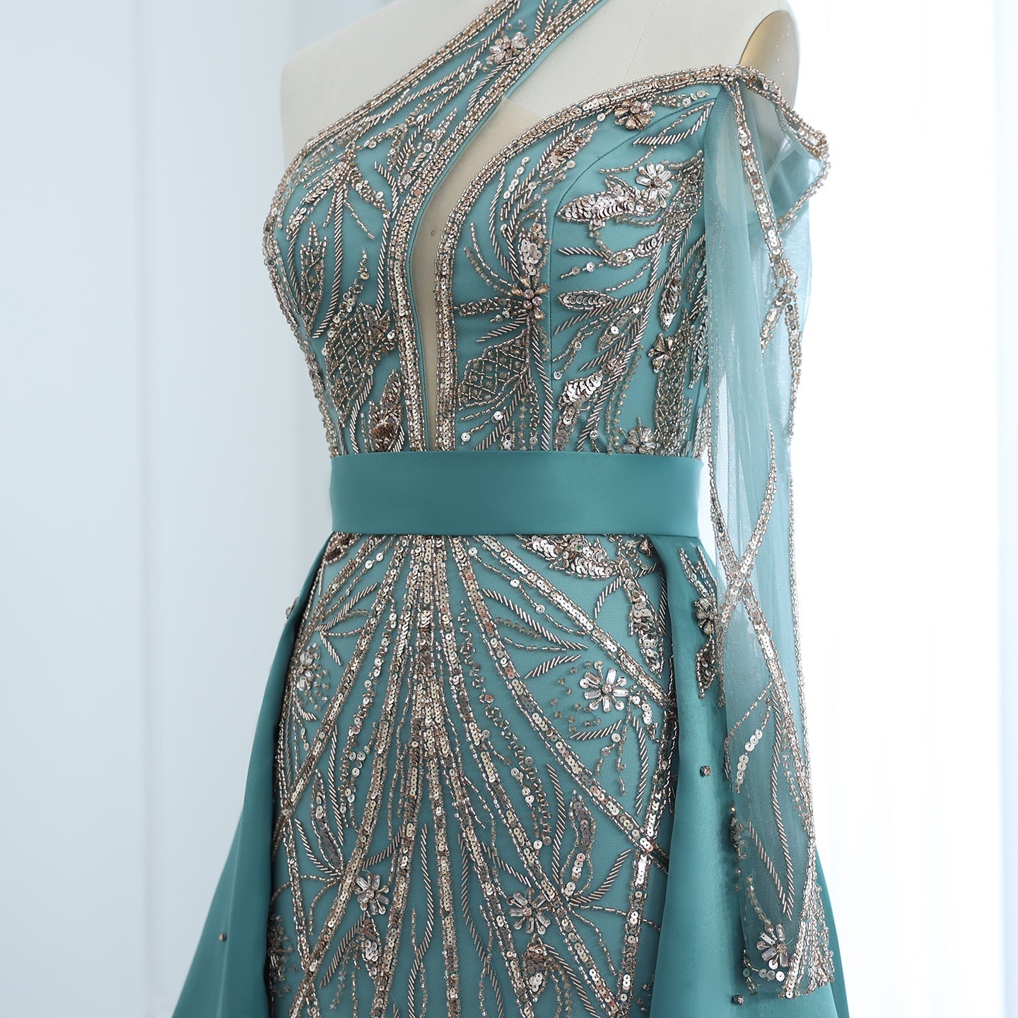 Luxury Beaded Turquoise One Shoulder Evening Dress with Overskirt SS307