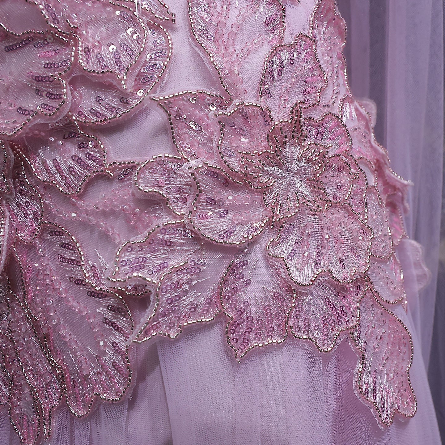 Glamorous Pink 3D Floral Strapless Tulle Evening Dress with Cape and Scarf SS239