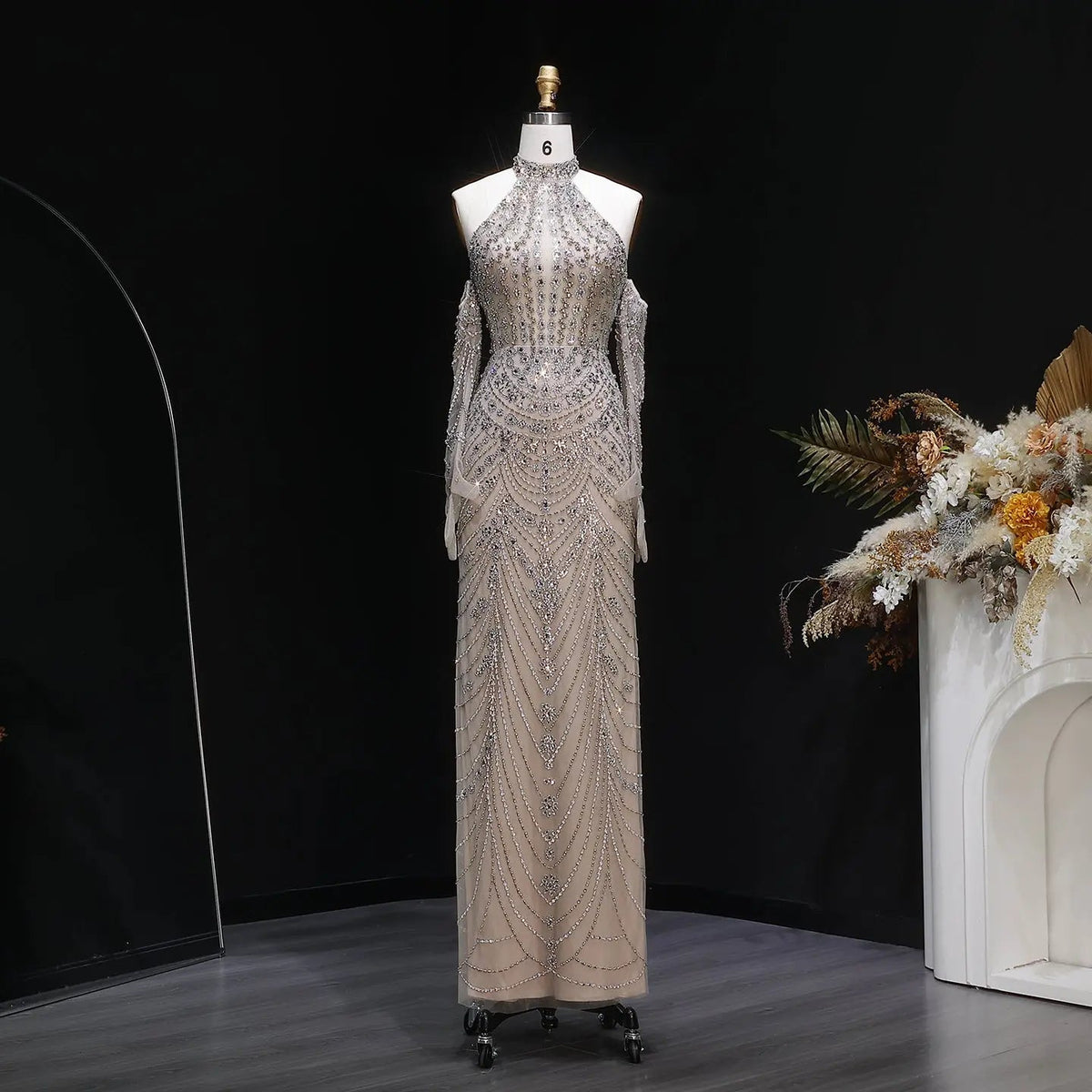 Luxury Nude Base Blue Crystal Beaded Halter Neck Evening Dress SS125