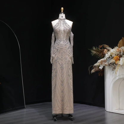 Luxury Nude Base Blue Crystal Beaded Halter Neck Evening Dress SS125