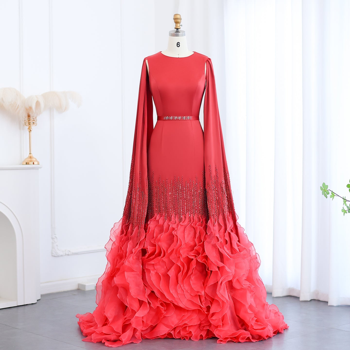 Luxury Nude Tiered Ruffles Mermaid Evening Dress with Cape Sleeves SS440