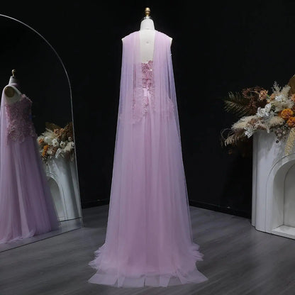 Luxury Pink 3D Floral Strapless Tulle Cape Evening Dress with Scarf SS239