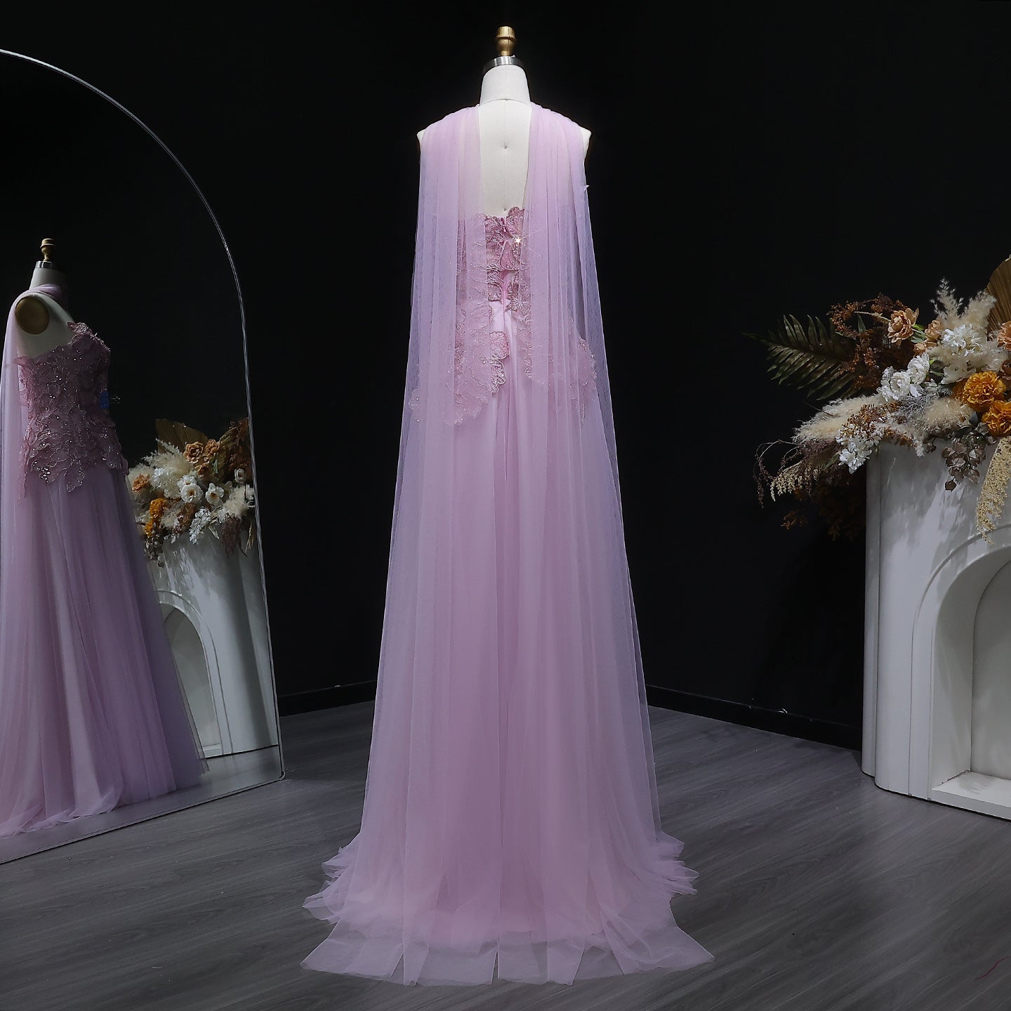 Glamorous Pink 3D Floral Strapless Tulle Evening Dress with Cape and Scarf SS239