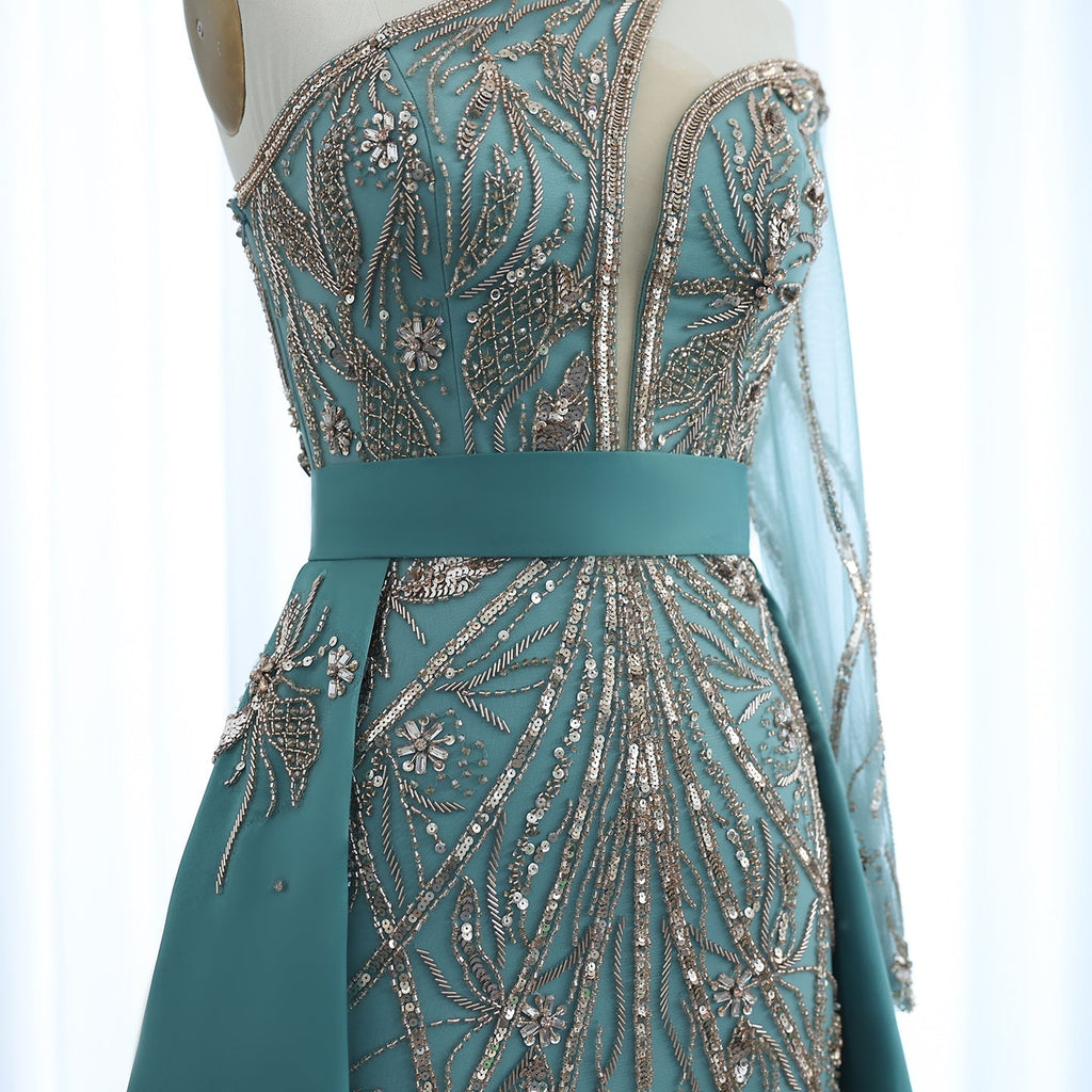 Luxury Beaded Turquoise One Shoulder Evening Dress with Overskirt SS307