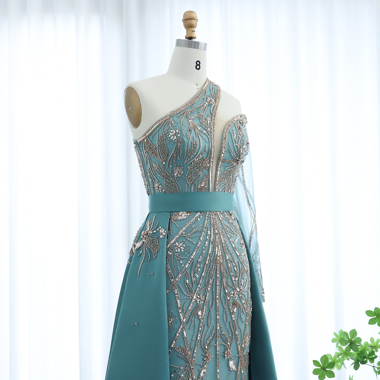 Luxury Beaded Turquoise One Shoulder Evening Dress with Overskirt SS307