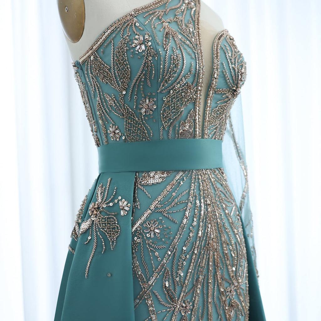 Luxury Beaded Turquoise One Shoulder Evening Dress with Overskirt SS307