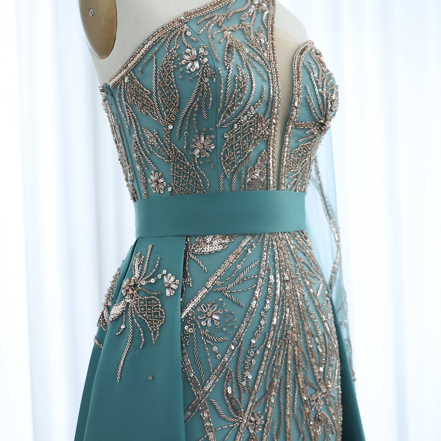 Luxury Beaded Turquoise One Shoulder Evening Dress with Overskirt SS307