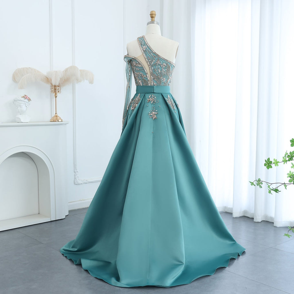 Luxury Beaded Turquoise One Shoulder Evening Dress with Overskirt SS307