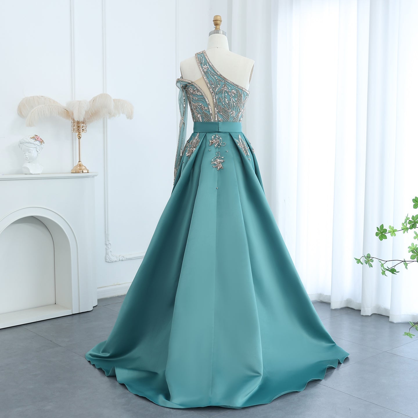 Luxury Beaded Turquoise One Shoulder Evening Dress with Overskirt SS307