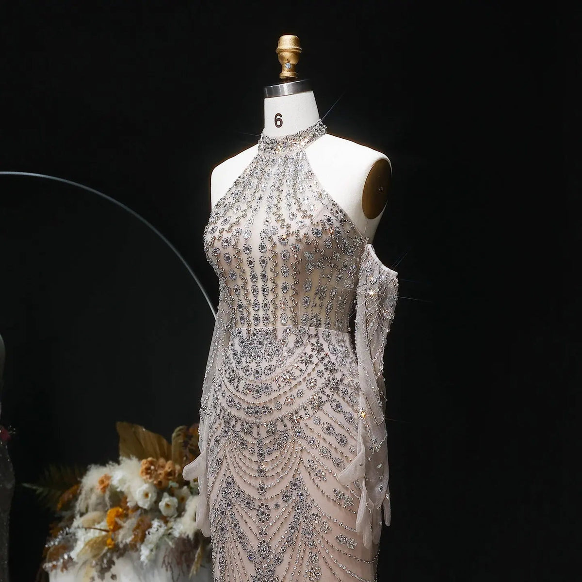 Luxury Nude Base Blue Crystal Beaded Halter Neck Evening Dress SS125