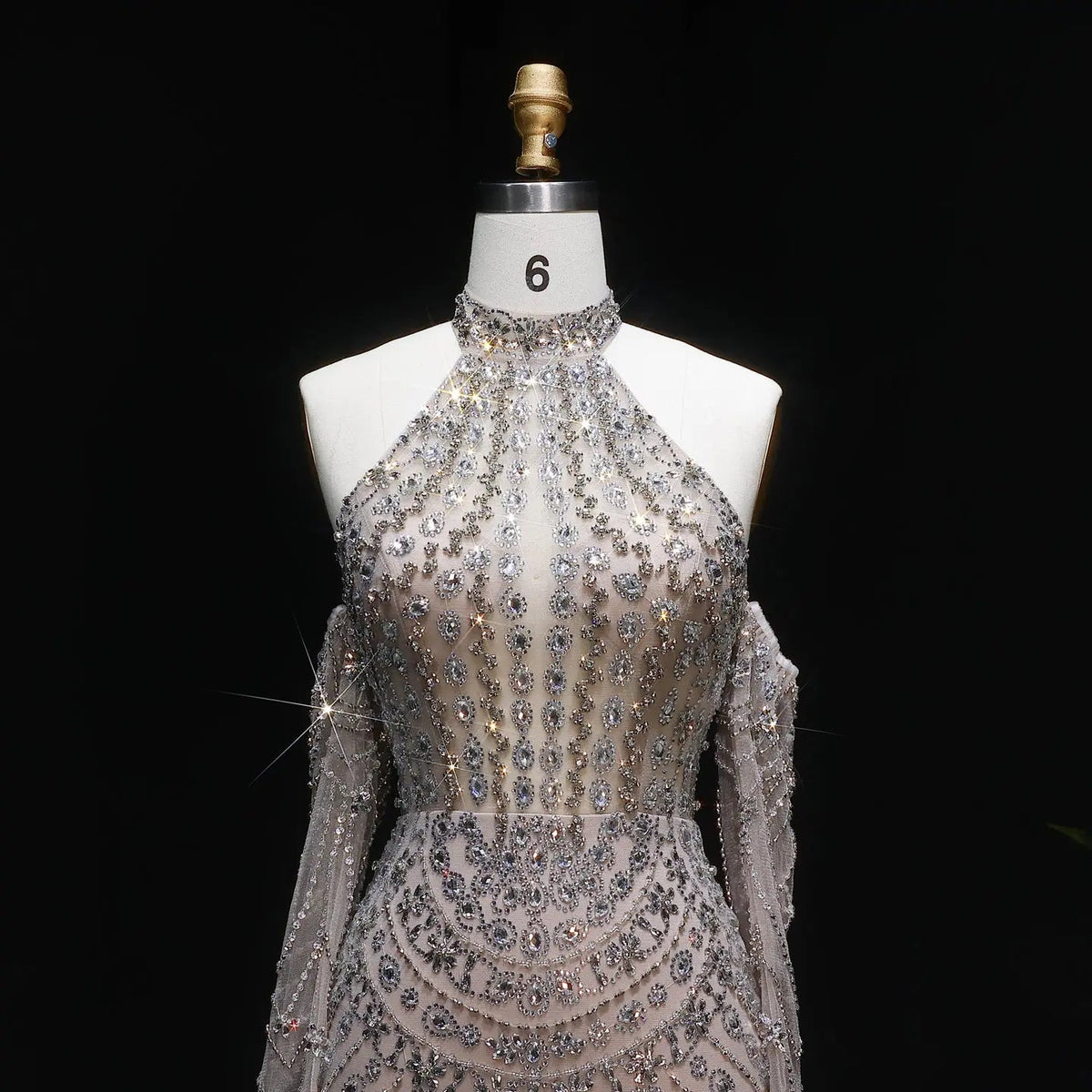 Luxury Nude Base Blue Crystal Beaded Halter Neck Evening Dress SS125