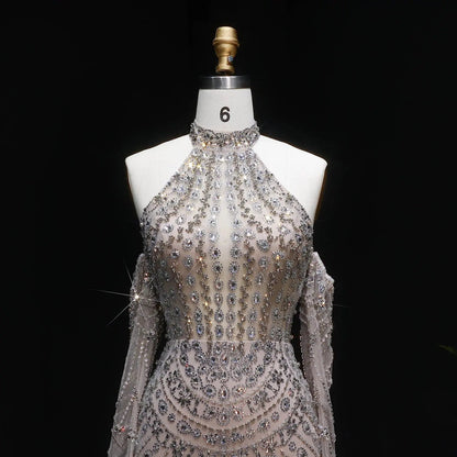 Luxury Nude Base Blue Crystal Beaded Halter Neck Evening Dress SS125
