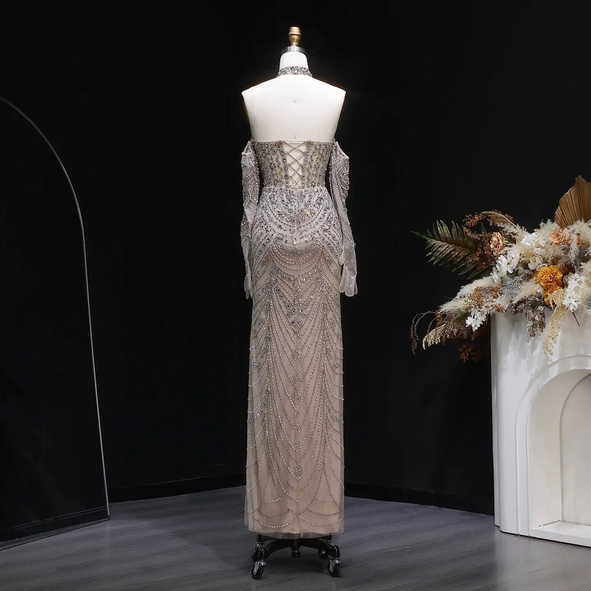 Luxury Nude Base Blue Crystal Beaded Halter Neck Evening Dress SS125