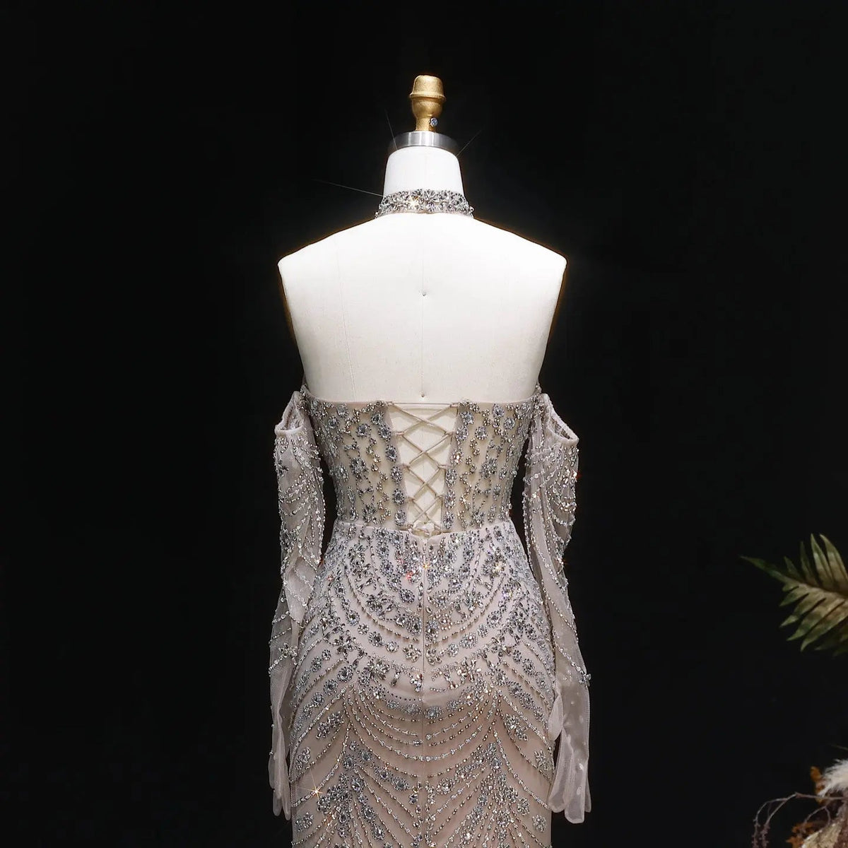 Luxury Nude Base Blue Crystal Beaded Halter Neck Evening Dress SS125