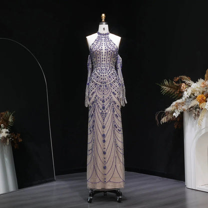 Luxury Nude Base Blue Crystal Beaded Halter Neck Evening Dress SS125