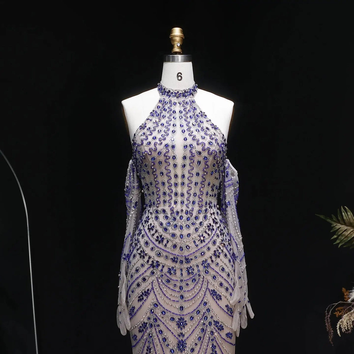 Luxury Nude Base Blue Crystal Beaded Halter Neck Evening Dress SS125