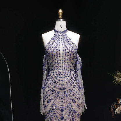 Luxury Nude Base Blue Crystal Beaded Halter Neck Evening Dress SS125
