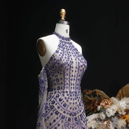 Luxury Nude Base Blue Crystal Beaded Halter Neck Evening Dress SS125