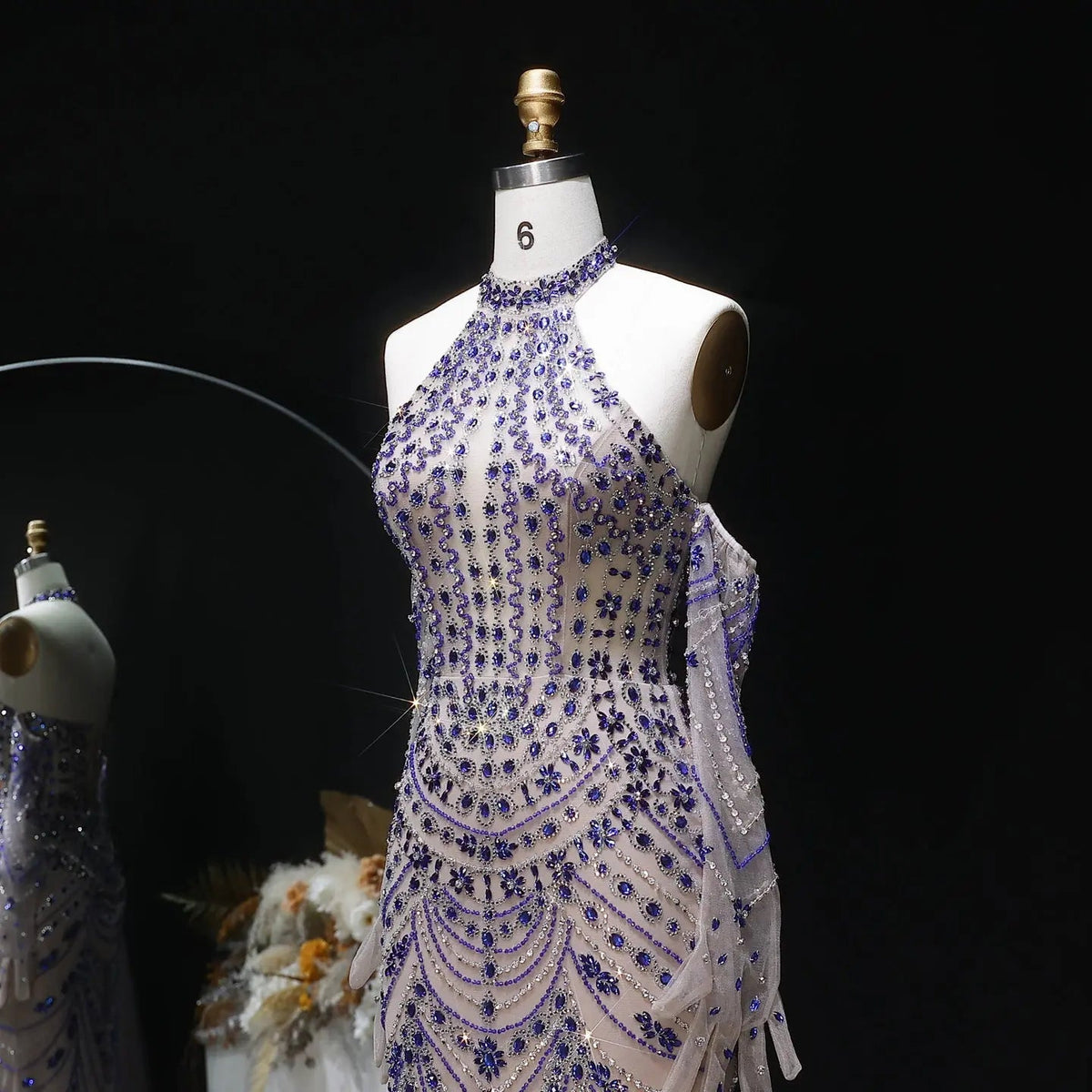 Luxury Nude Base Blue Crystal Beaded Halter Neck Evening Dress SS125